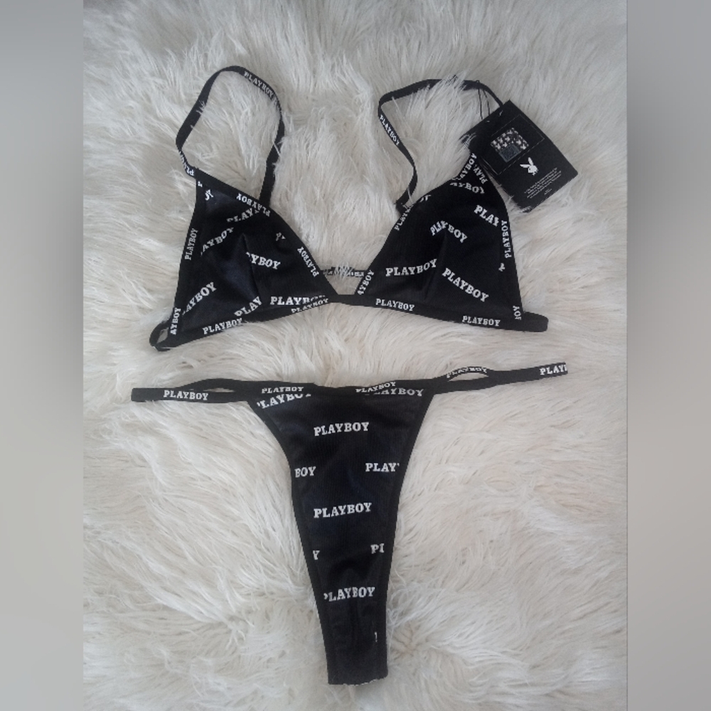 PLAYBOY Black and White Logo Bra Set